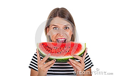 Healthy young woman eating watermelon Stock Photo