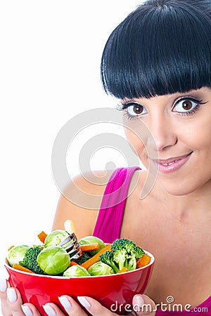 Healthy Young Woman Holding A Red Bowl of Raw Mixed Vegetables Stock Photo