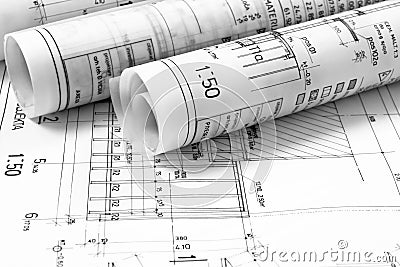 Heap of architect design and project drawings Stock Photo