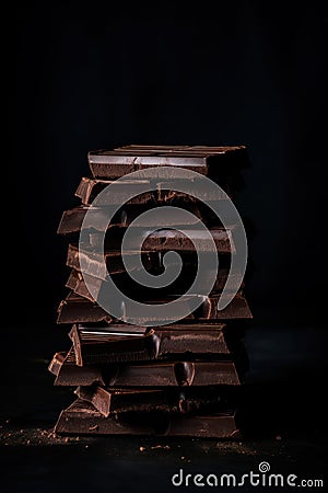 Heap of broken chocolate sprinkled on a dark background Stock Photo