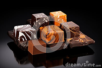 Heap of broken chocolate sweets pieces still life. Generative AI Stock Photo