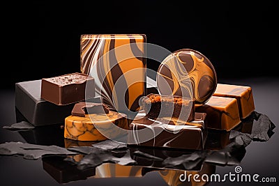 Heap of broken chocolate sweets pieces still life. Generative AI Stock Photo