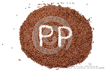 Healthy vegan diet. product full of nutrients. heap of brown flax seeds isolated on white background a white letter of vitamin PP Stock Photo