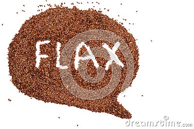 Heap of brown flax seeds isolated on white background with a white word flax Stock Photo