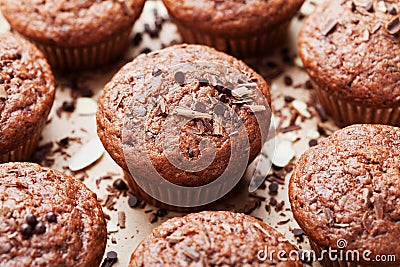 Heap of chocolate muffin on sweet background. Stock Photo