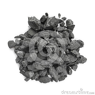 Heap of coal isolated on white, top view. Mineral deposits Stock Photo