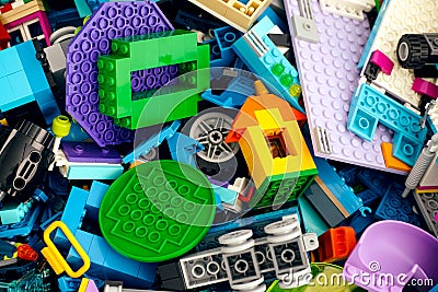 Heap of color Lego blocks, bricks, pieces and toys Editorial Stock Photo