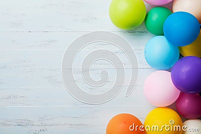 Heap of colorful balloons on blue wooden table top view. Birthday or party background. Flat lay style. Copy space for text. Stock Photo