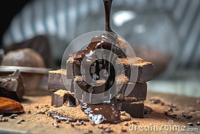 Heap of delicious cubes of bitter dark chocolate sprinkled with cocoa powder and poured with liquid chocolate Stock Photo