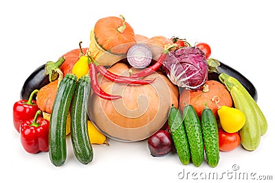 Heap different fruits, vegetables and berries isolated on white Stock Photo