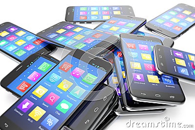 Heap of the different smartphones with application on the screen. Modern technology concept background, 3d illustration Cartoon Illustration