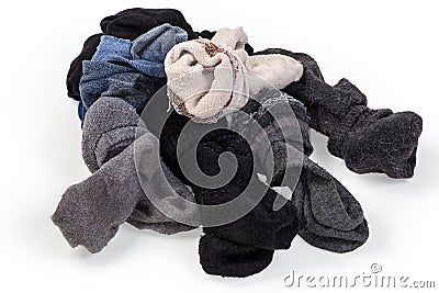 Heap of different used washed socks pairs on white background Stock Photo