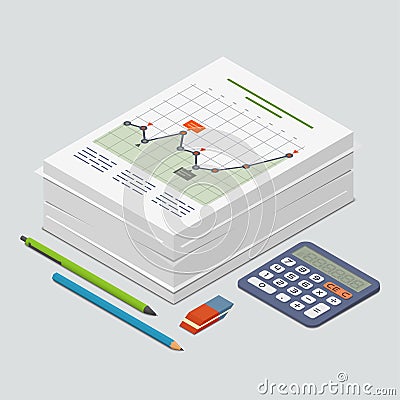 Heap of documents accompanied by pen, pencil and calculator Vector Illustration