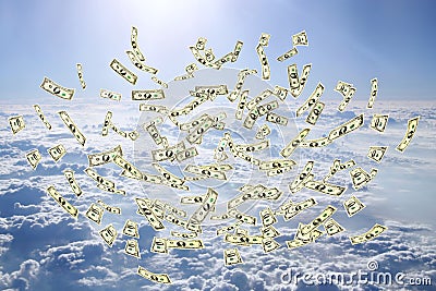Heap of dollars flying in sky. Money flying in clouds Stock Photo