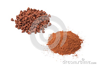 Heap of dried Annatto seeds and a heap of ground Annatto powder Stock Photo