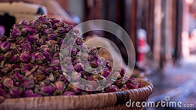 Heap of dried Moroccan roses at the food market in Marrakesh, Morocco Stock Photo
