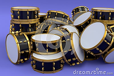 Heap of drums or drumset lying on violet background Stock Photo