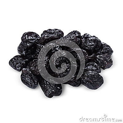 Heap of dry prunes isolated on white background with shadow, close up. Stock Photo