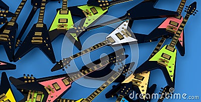 Heap of electric guitars isolated on blue background. Stock Photo