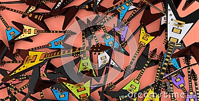 Heap of electric guitars isolated on orange background. Stock Photo