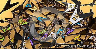 Heap of electric guitars isolated on yellow background. Stock Photo