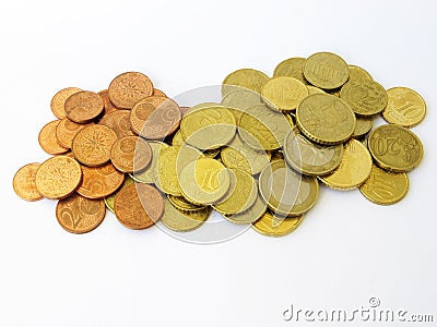 Heap of sorted euro and cents money copper coins with a white background Stock Photo