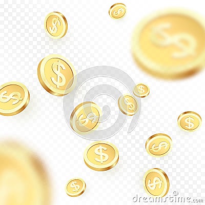 Heap falling golden coins isolated on transparent background. Shiny metal dollar rain. Casino jackpot win. Vector illustration Vector Illustration