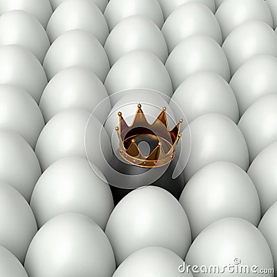 Heap of farm white chicken eggs and unique black egg in gold royal king crown Stock Photo