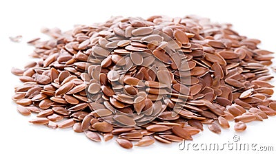 Heap of flax seeds isolated on white background. Close up. Stock Photo