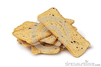 Heap of fresh baked thin melba toast isolated on white background Stock Photo