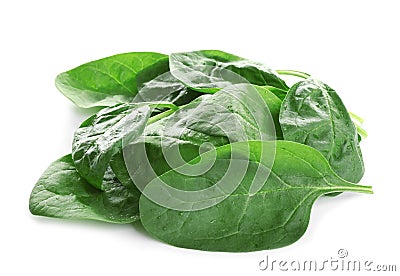 Heap of fresh green healthy baby spinach leaves on white Stock Photo