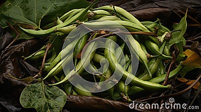Heap of freshly picked green beans. Harvesting, autumn Stock Photo