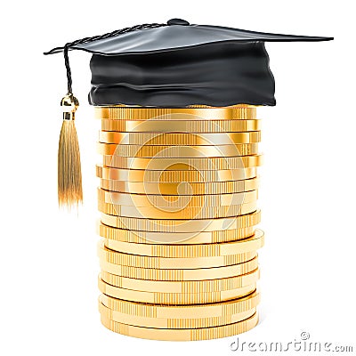 Heap of golden coins with graduation cap. Savings for education Stock Photo