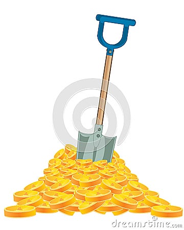 Heap of the golden coins and tool shovel Vector Illustration