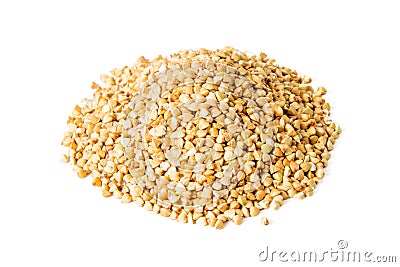 Heap of green buckwheat isolated on white background. Front views, close-up Stock Photo