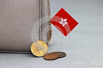 Heap of Hong Kong dollar coin money and mini Hong Kong flag with the leather wallet on grey background Stock Photo