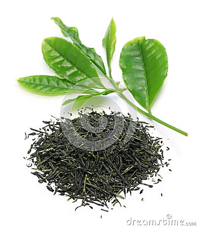 Heap of japanese green tea with young leaves Stock Photo