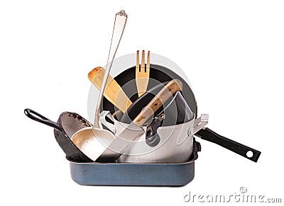 Heap of kitchen bakeware with pan and pot Stock Photo