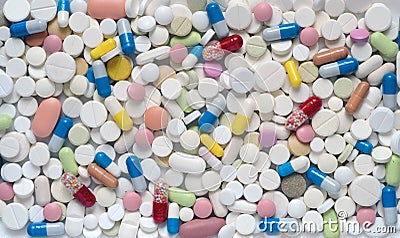 Heap of medicine pills and capsules from above. Stock Photo