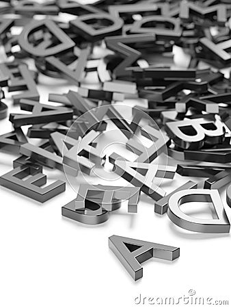 Heap of metal alphabetic character letters over white background, literature, education, know-how or writing concept, selective Cartoon Illustration