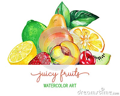 Heap ow hand drawn watercolor fruits, banner template Vector Illustration