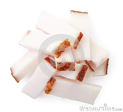 Heap of pieces of lard on a white background, isolated. The view from top Stock Photo