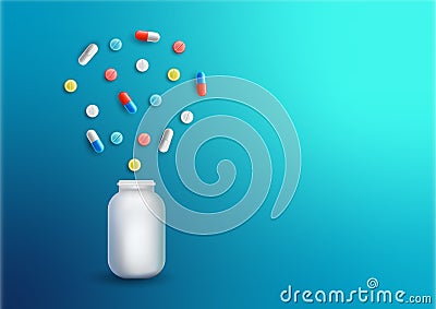 Heap of pills or tablets capsule plastic drugs bottle on a blue background. Vector realistic illustration. Vector Illustration