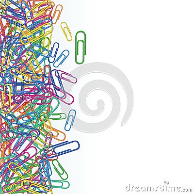 Heap of plastic multi colored paper clips isolated on white background. Design element for banner, school supplies. Stationery and Stock Photo