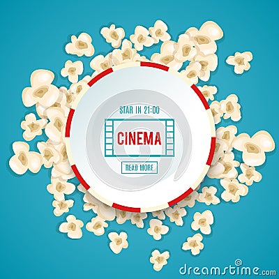 Heap popcorn for movie lies on blue background. Vector Illustration
