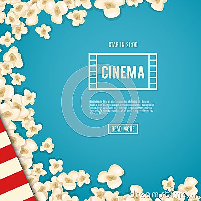 Heap popcorn for movie lies on blue background. Vector Illustration