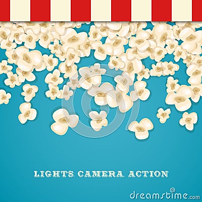 Heap popcorn for movie lies on blue background. Vector Illustration