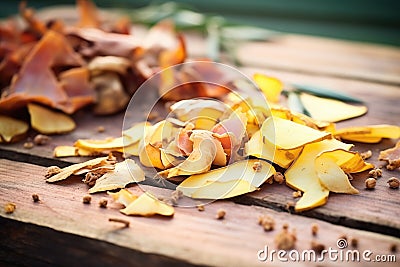 heap of potato skin peels on a rustic wooden board Stock Photo