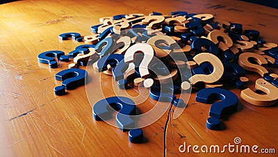 Heap of Question Marks on Table, Concept Representing Confusion, Questions, or Solutions Stock Photo