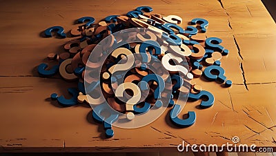 Heap of Question Marks on Table, Concept Representing Confusion, Questions, or Solutions Stock Photo